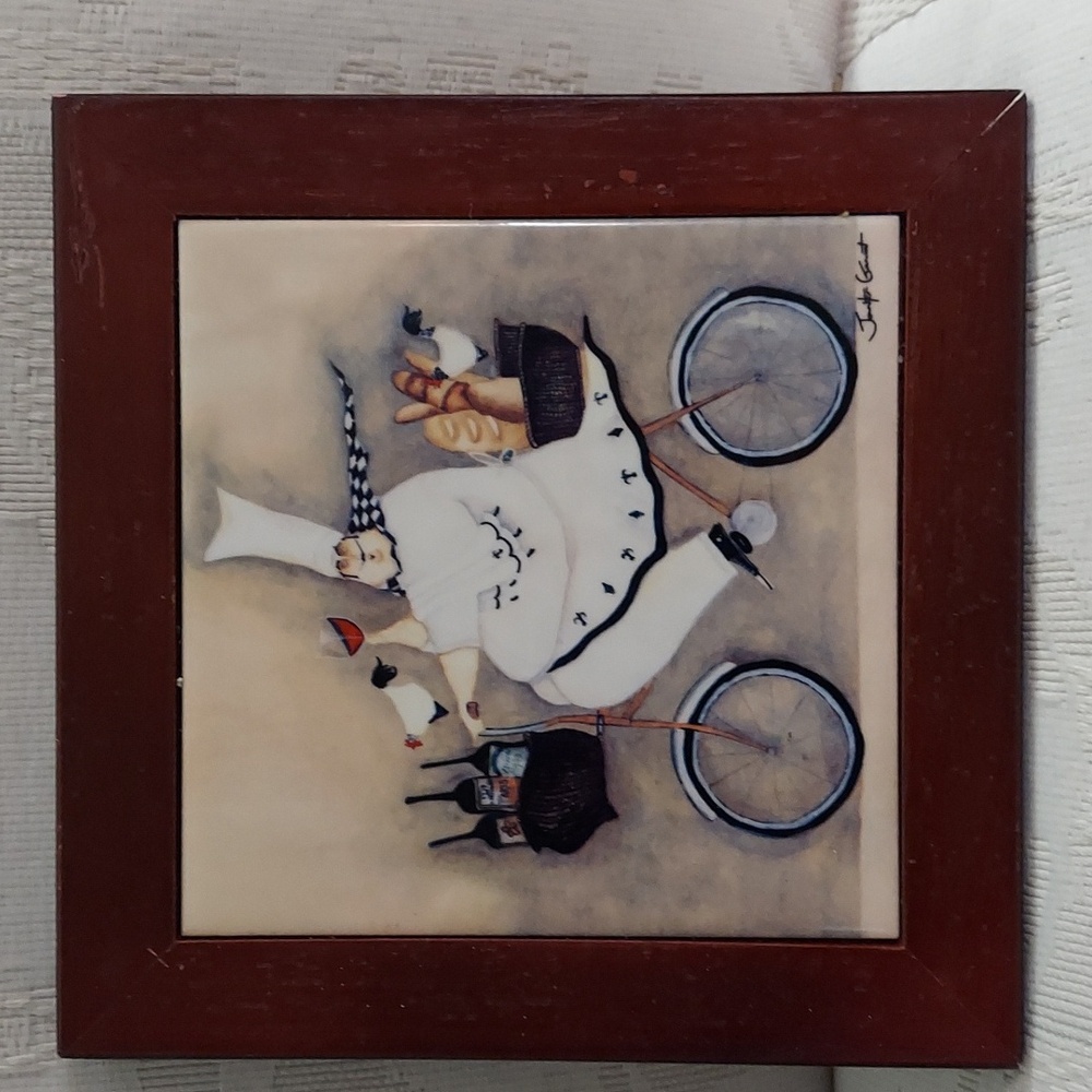 Jennifer Garant Fat Chef on Bicycle Framed Art Tile Trivet 8"x8"